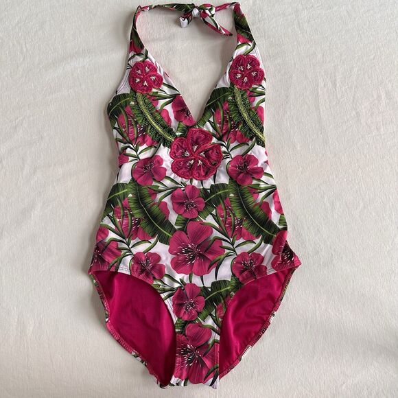 Boston Proper Embellished Tropical Printed Halter One Piece Swim suit Size M - Picture 4 of 12